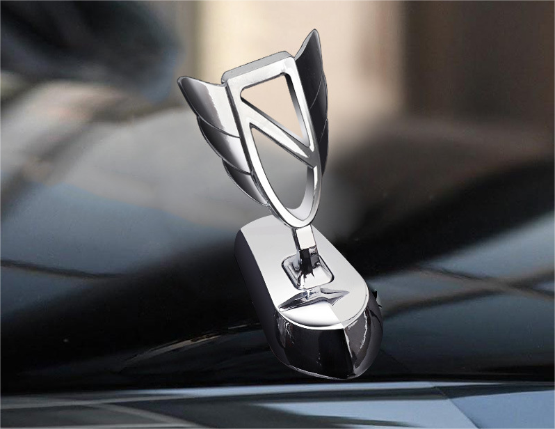 Custom shield logo engine hood ornament with angel wings - 3D chrome metal badge for car bonnet customization and styling
